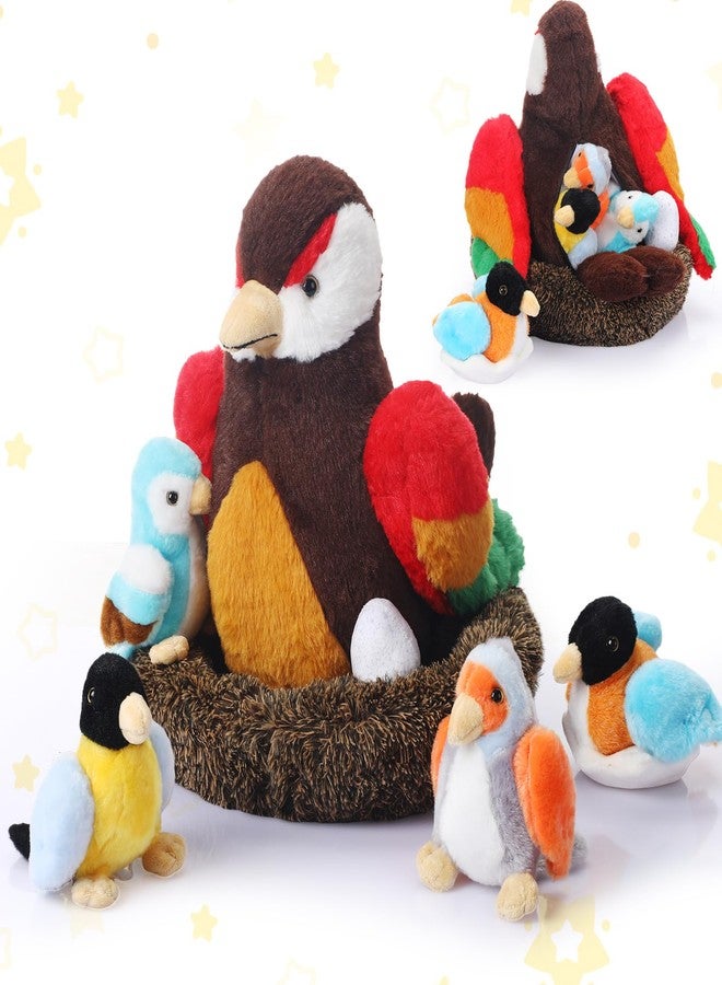 RoundFunny 7 Pcs Birds Stuffed Animals with Babies Egg and Nest 9.8 Inch Mommy Bird Forest Plush Toys Set Gifts for Kids Girls Boys Woodland Baby Shower Party Favors Birthday Classroom Prizes - Image 1